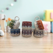 NaturEdge Handcrafted Multicolor Ceramic Cups - 150 ml, Set of 6 | Artistic Rajasthani Design Ceramic Cups - 150 ml, Multicolor Set of 6