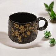 NaturEdge Black Cup with Golden floral painting (set of 6) 150 ML | Premium Antique Black Tea/Coffee Cups | Naturedge Collection with Golden Flower Design