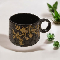 NaturEdge Black Cup with Golden floral painting (set of 6) 150 ML | Premium Antique Black Tea/Coffee Cups | Naturedge Collection with Golden Flower Design
