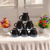 NaturEdge Small Ceramic Cup Set of 6 (100ml) | Handcrafted Diamond Black with Silver Patta | Classic design Tea - Coffee Cup Set | Standard Black Shining Cup Set